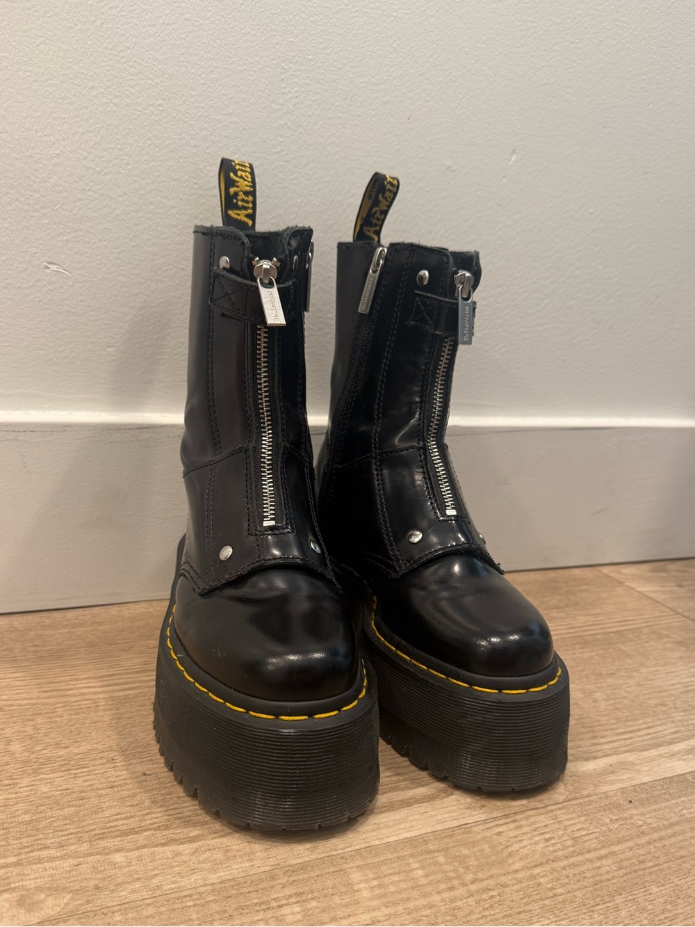 Black Platform Zip Front Leather Boots - Unbranded